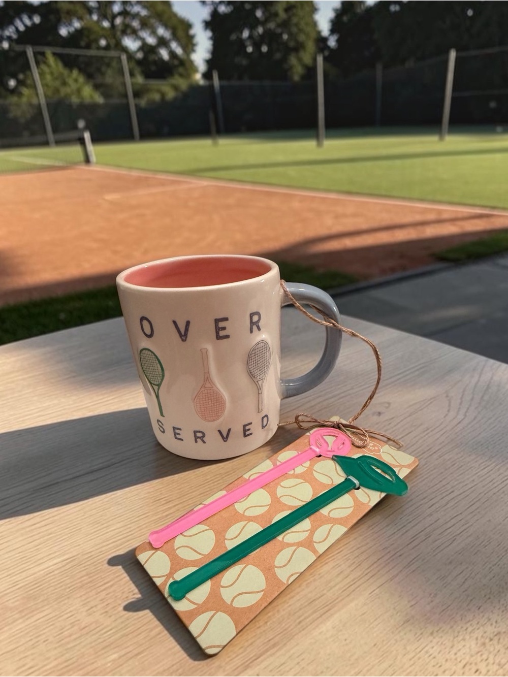 Mud Pie “Over Served” Tennis Mug w/Stirrers (New with defects/can display)